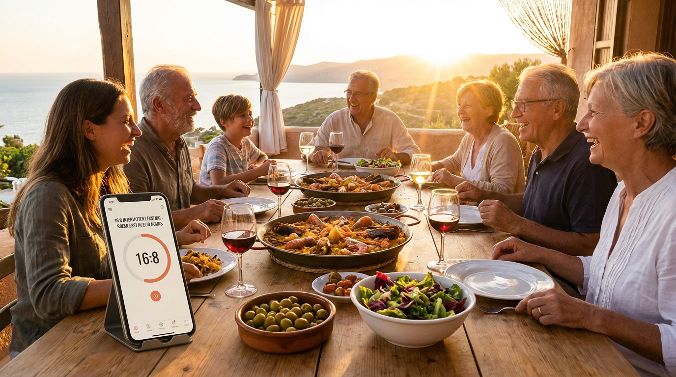 fasting for weight loss Family enjoying Mediterranean diet during fasting for weight loss challenge: laughter around table with shared plates of paella, fresh salads, olives, wine glasses, intermittent fasting app on table, golden hour sunset through terrace, lively candid photo, joyful vibrant hues, detailed food closeups