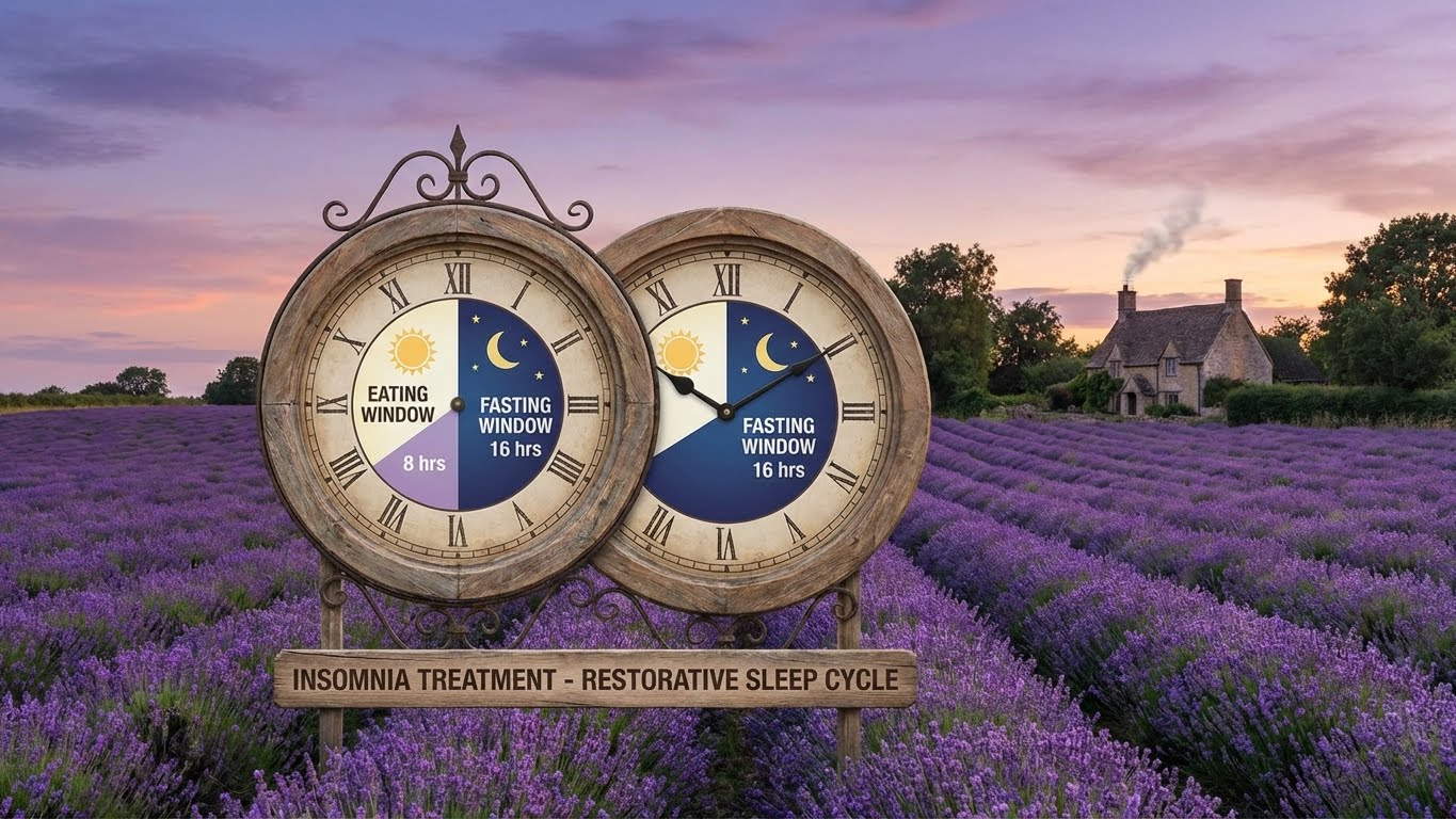 lavender field with intermittent fasting clock for insomnia treatment
