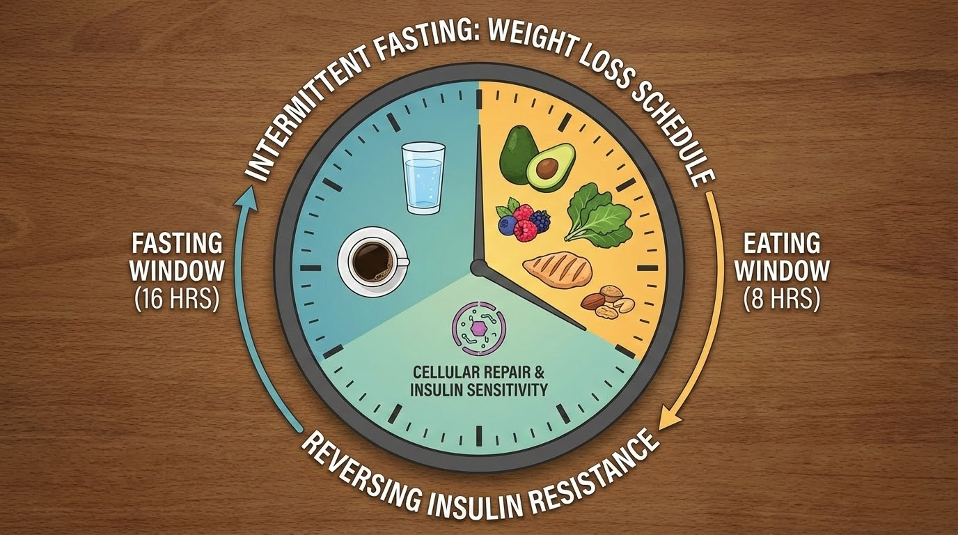 intermittent fasting for weight loss schedule visualized with clock and healthy foods reversing insulin resistance