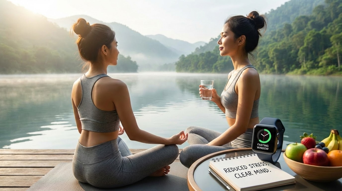 intermittent fasting for weight loss reducing chronic stress and brain fog in a serene natural setting