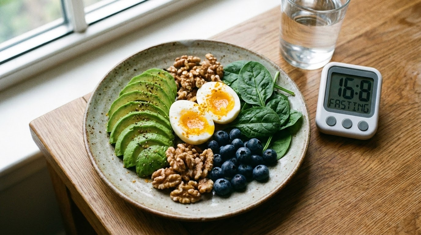 intermittent fasting for weight loss meal with brain foods avocados eggs turmeric arranged on plate