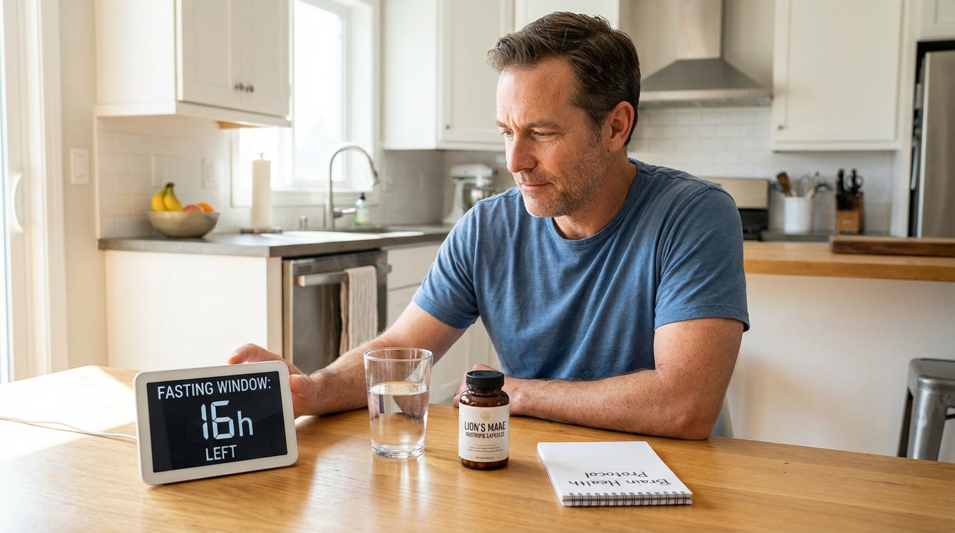 intermittent fasting man incorporating intermittent fasting for weight loss and Lion’s Mane nootropic into daily routine for brain health
