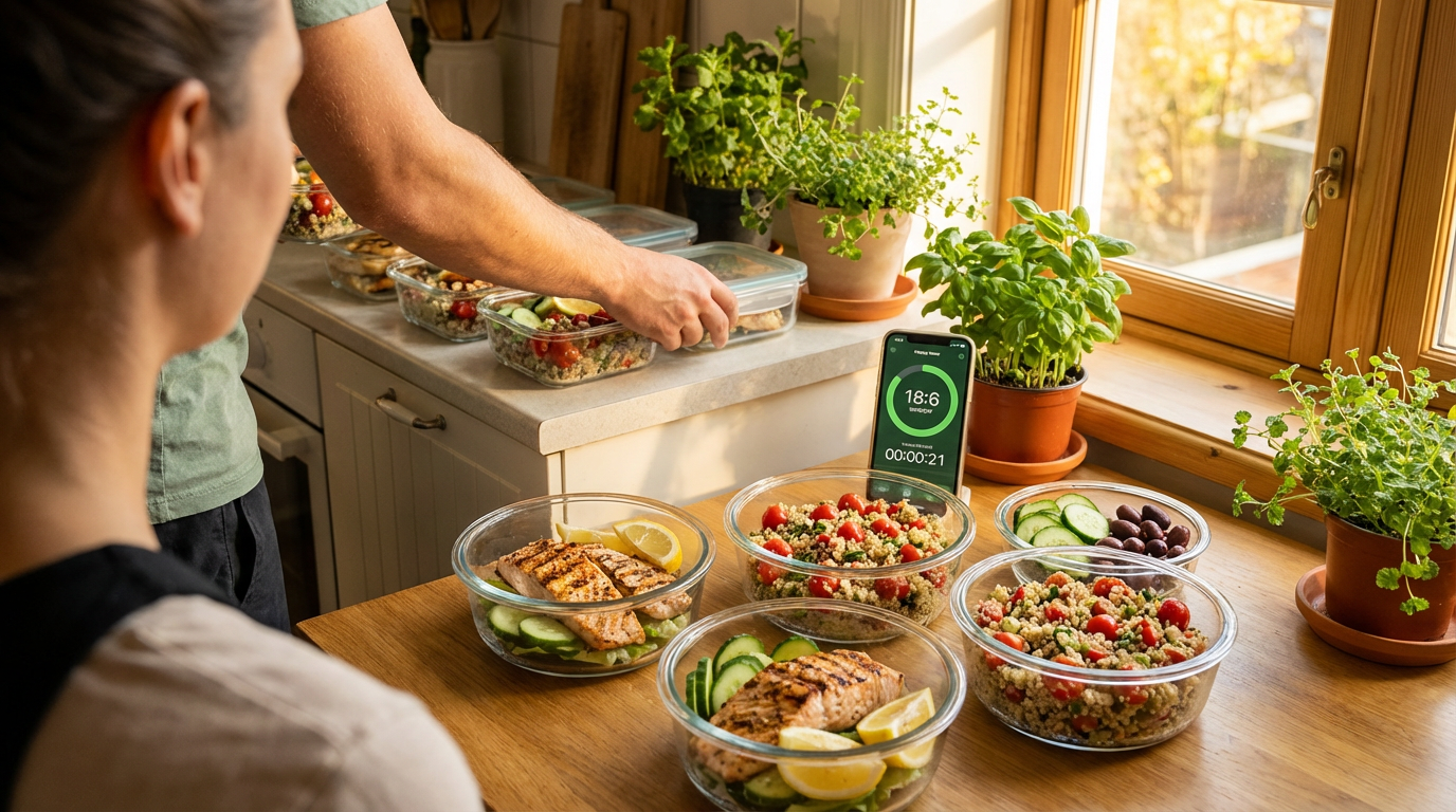 fasting for weight loss Person practicing fasting for weight loss with Mediterranean diet meal prep: colorful array of grilled fish, quinoa salad with olives, tomatoes, cucumbers, lemon wedges, intermittent fasting timer on phone showing 18:6 window, sunlit kitchen, photorealistic, fresh vibrant greens and golds, motivational atmosphere