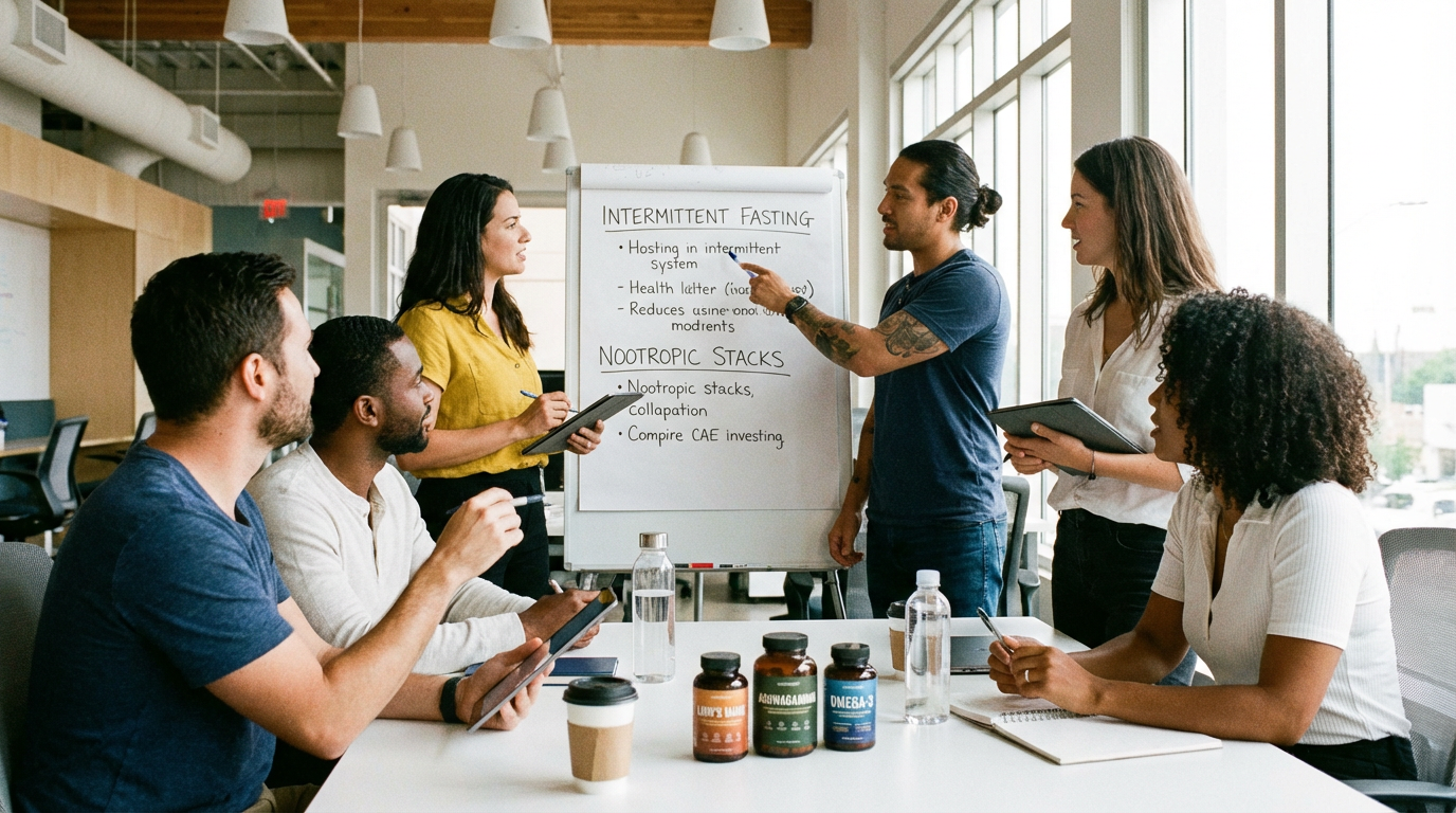intermittent fasting group discussing intermittent fasting for weight loss benefits alongside nootropic stacks for cognitive enhancement