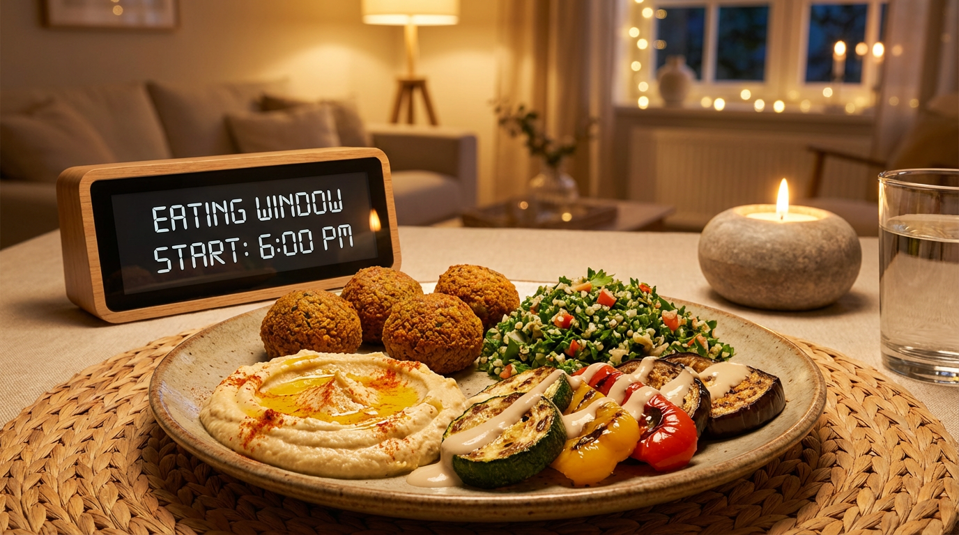intermittent fasting Mediterranean diet plate during intermittent fasting for weight loss period: assortment of hummus, falafel, tabbouleh, grilled veggies, tahini drizzle, fasting clock indicating eating window start, cozy dinner scene, warm lighting, hyper-realistic, rich textures and colors